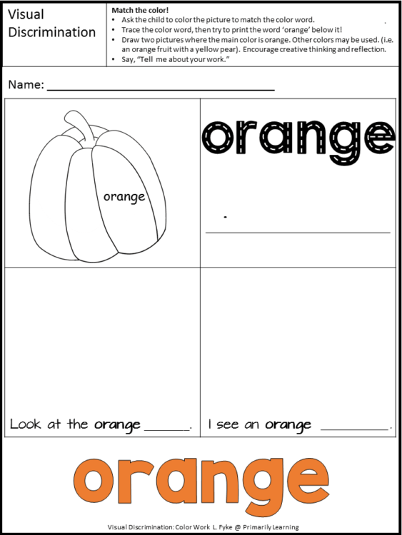 Color work page for the word orange.