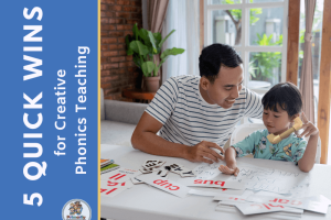 A teacher helping a young child learn to read with phonological awareness and phonics.