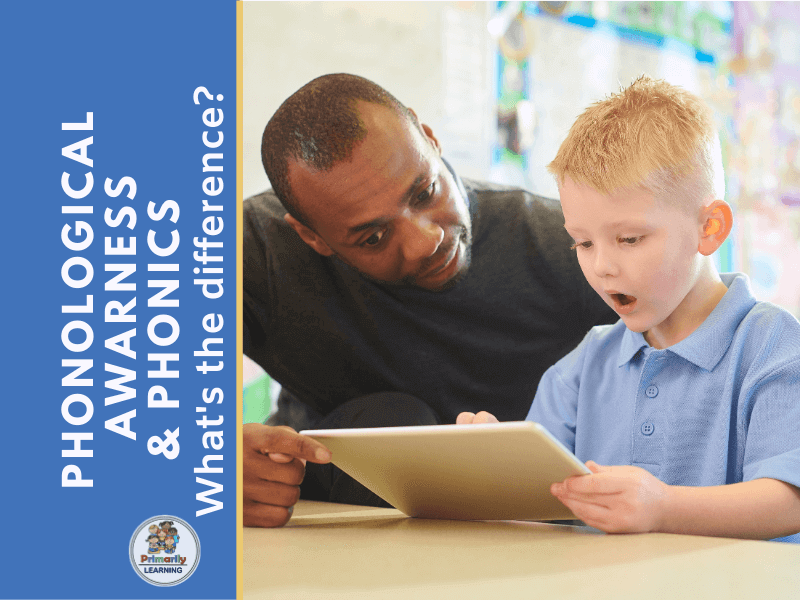 A teacher helping a young child learn to read with phonological awareness and phonics.