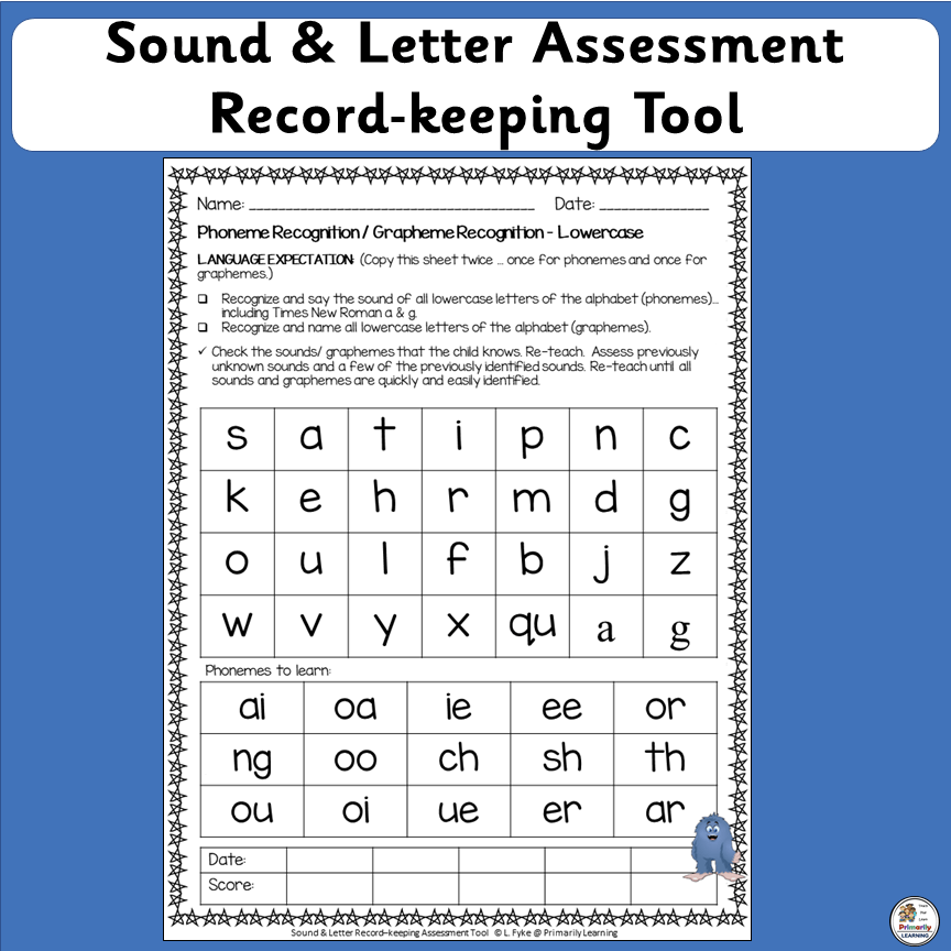 Letter and sound record keeping tool freebie showing the lower case letters.