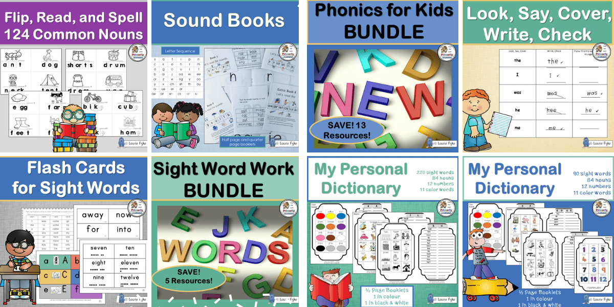 A picture of Jolly Phonics support resources for blending and segmenting words and for learning sight words.
