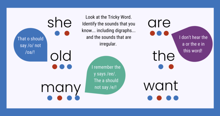 Tricky words with the irregular parts of the word marked in red.