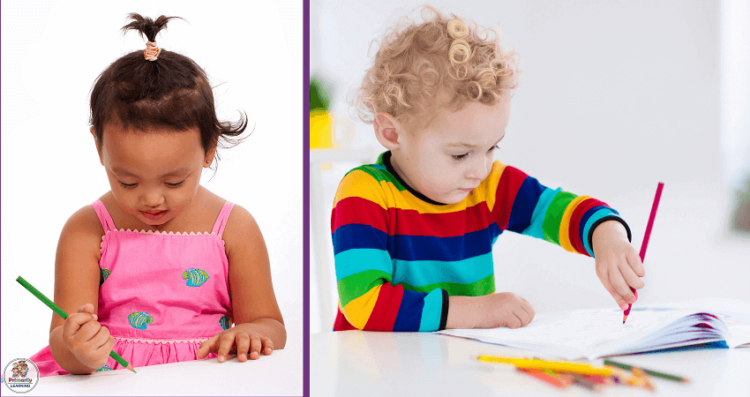 A little girl using her right hand and a little boy using his left hand as they learn to draw.