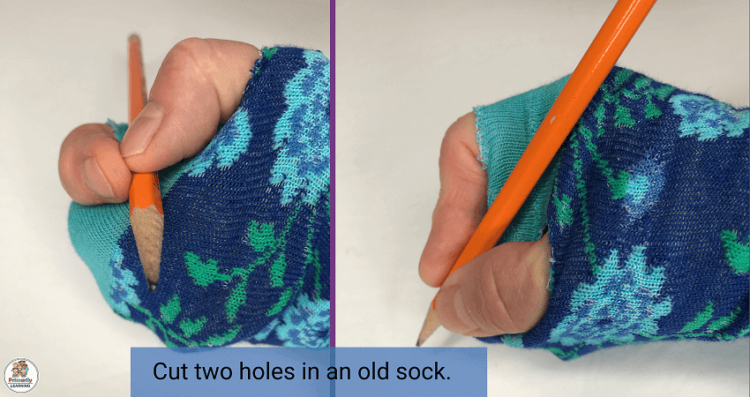 A picture of a hand placed in a sock with two holes... one for the index finger and one for the thumb. This helps a child with correct pencil grip.