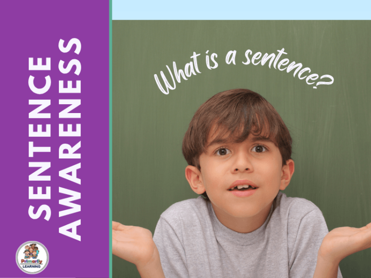 Young boy in classroom with question about sentences on chalkboard.