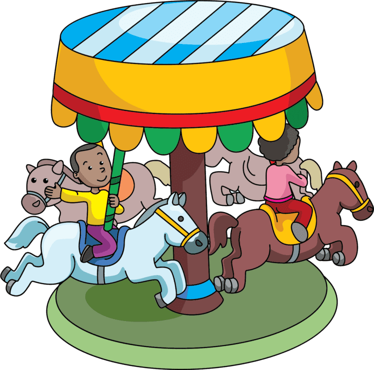 Children on a merry go round. A hyphenated compound word.