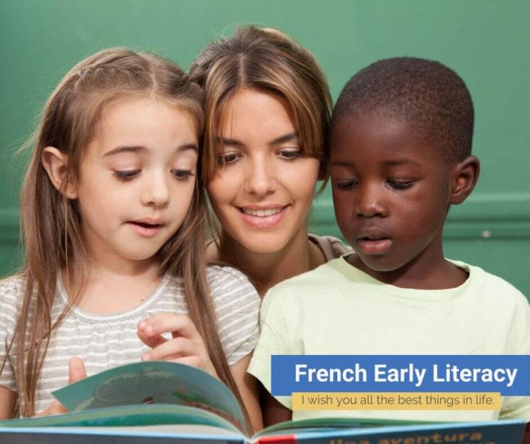 Teacher helping children learn French.