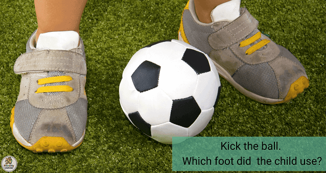 A soccer ball is placed between a child's feet. Which foot will he use to kick it?