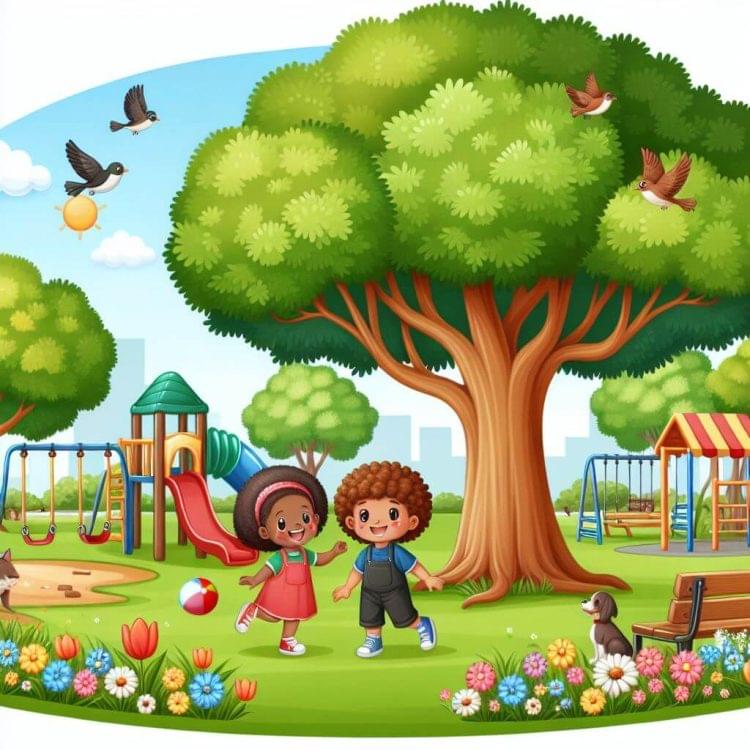 Kids and dogs playing in a park. Common Nouns